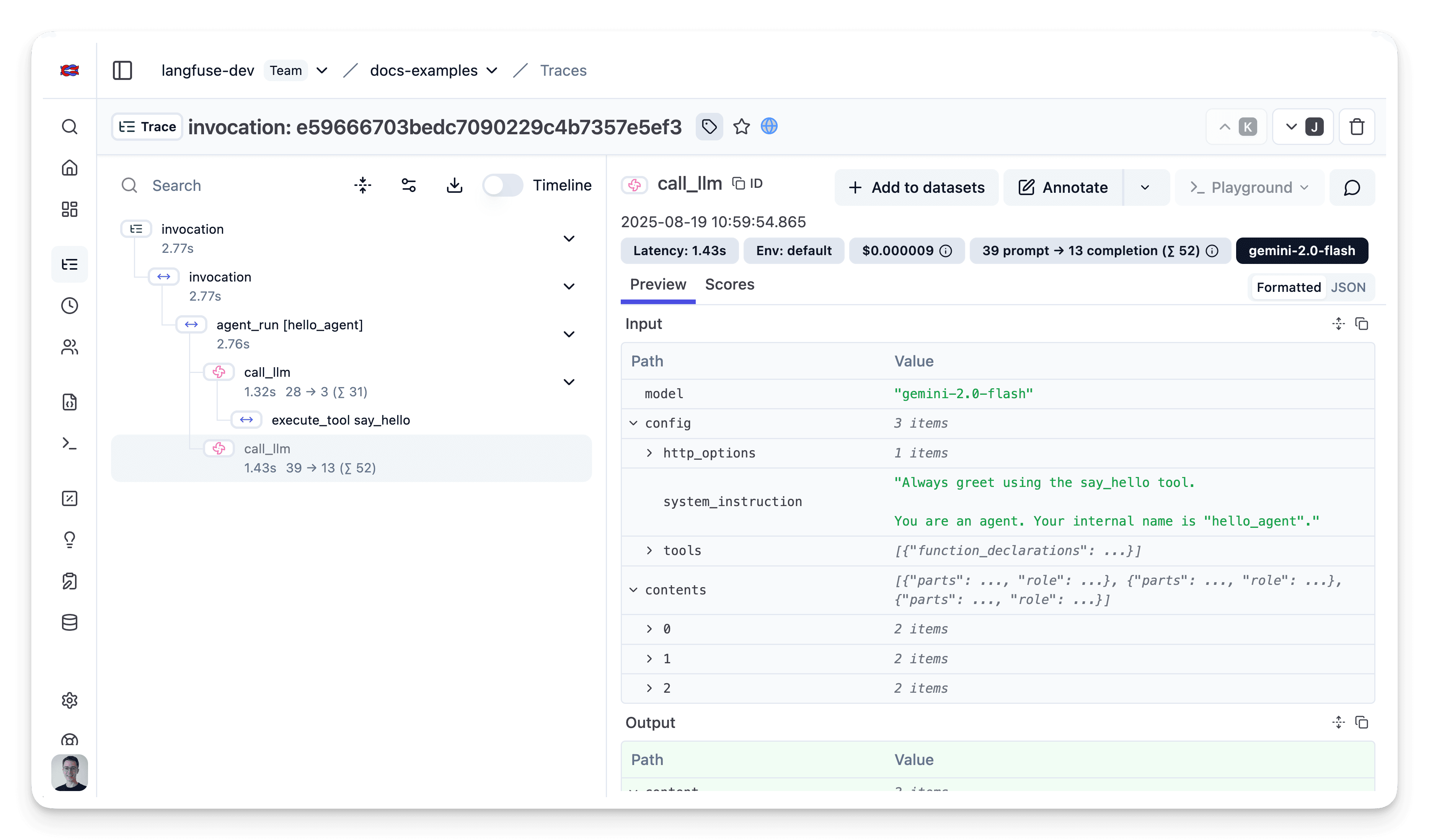 Google ADK example trace in Langfuse
